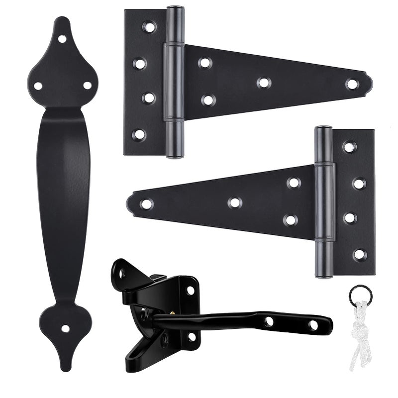 SANKINS Gate Hardware Kit Heavy Duty,with Self Locking Gate Latch,6 inch T Strap Gate Hinges and 10 inch Gate Door Handle Pull,Shed Door Hardware Set for Wooden Vinyl Fence,Gate,Farm,Garden,Black Finish - Image 1